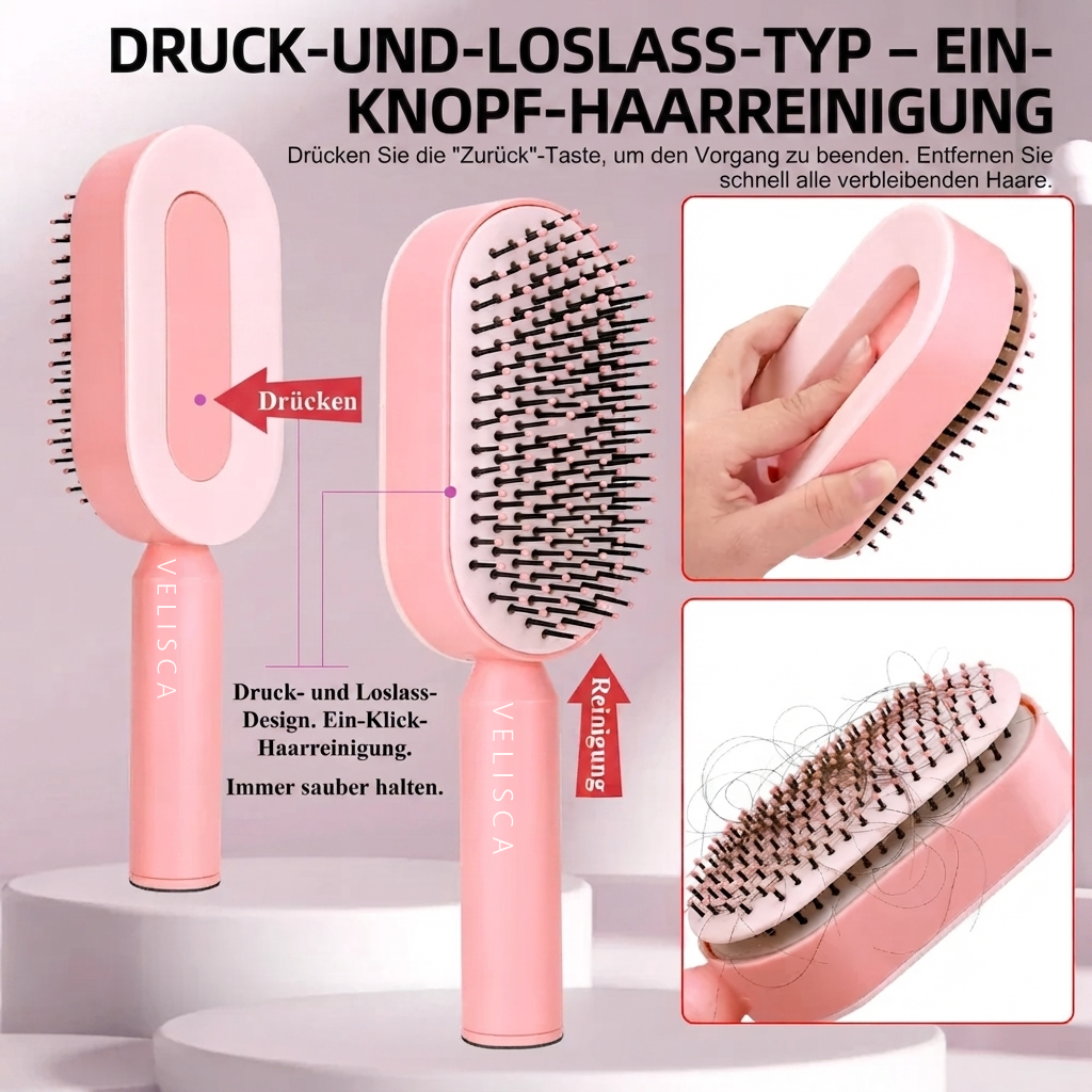 Velisca Bürste in Rosa: Knopf auf der Rückseite drücken, die Borsten fahren ein und geben die Haare frei
